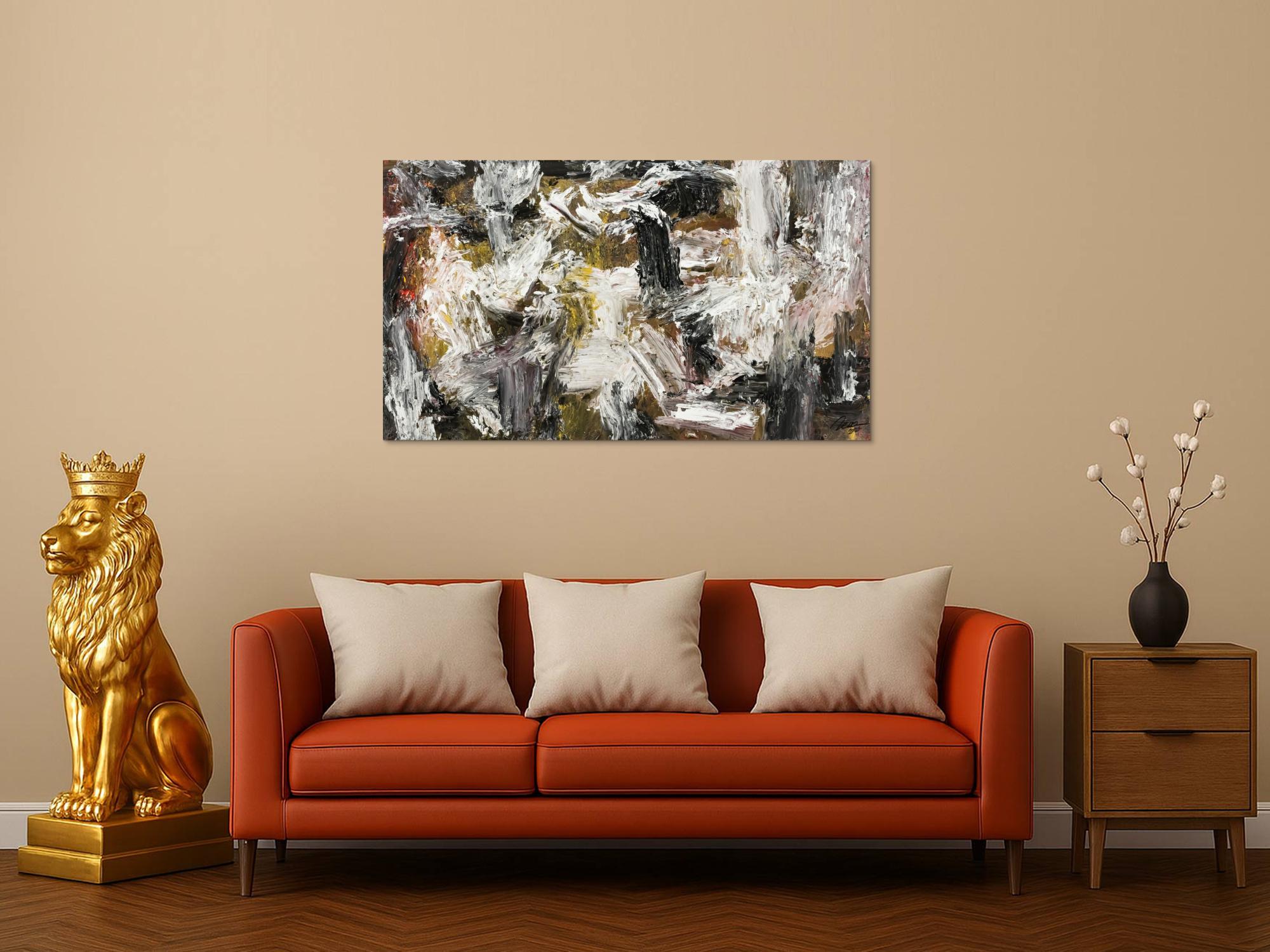 Gemälde Original abstrakt 75x130cm Action Painting Modern Art auf Leinwand Mischtechnik weiß schwarz anthrazit Einzelstück