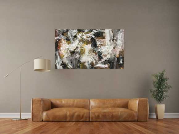 Gemälde Original abstrakt 75x130cm Action Painting Modern Art auf Leinwand Mischtechnik weiß schwarz anthrazit Einzelstück
