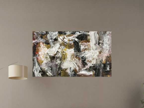Gemälde Original abstrakt 75x130cm Action Painting Modern Art auf Leinwand Mischtechnik weiß schwarz anthrazit Einzelstück