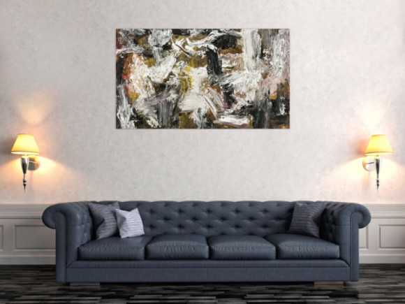 Gemälde Original abstrakt 75x130cm Action Painting Modern Art auf Leinwand Mischtechnik weiß schwarz anthrazit Einzelstück