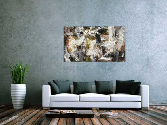 Gemälde Original abstrakt 75x130cm Action Painting Modern Art auf Leinwand Mischtechnik weiß schwarz anthrazit Einzelstück