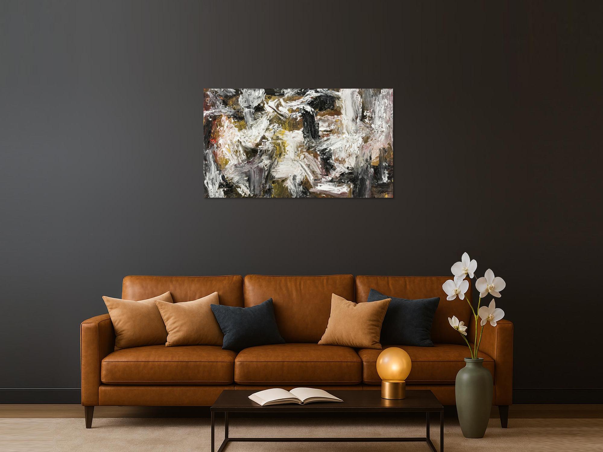 Gemälde Original abstrakt 75x130cm Action Painting Modern Art auf Leinwand Mischtechnik weiß schwarz anthrazit Einzelstück