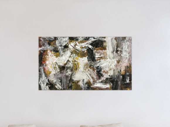 Gemälde Original abstrakt 75x130cm Action Painting Modern Art auf Leinwand Mischtechnik weiß schwarz anthrazit Einzelstück