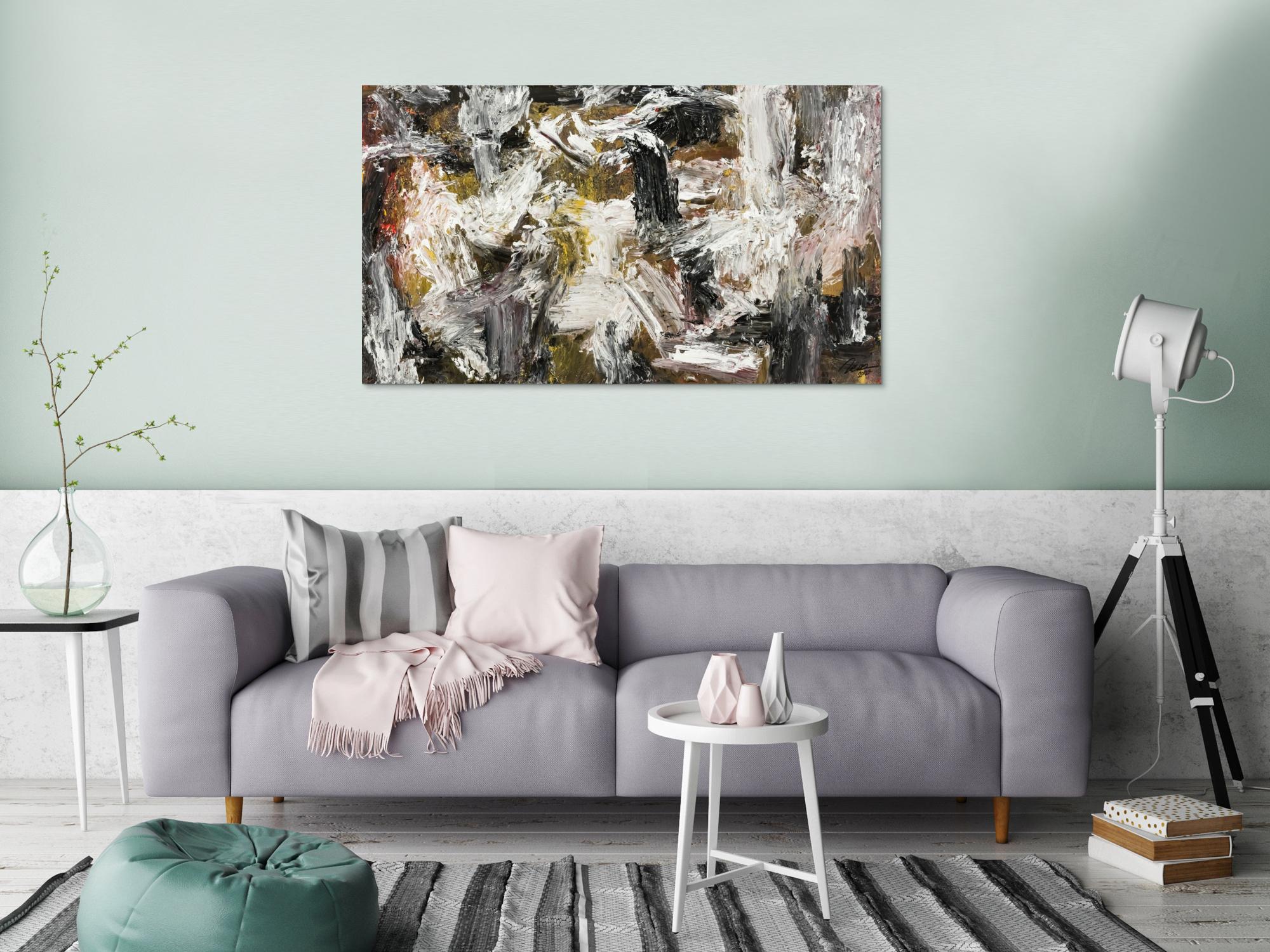 Gemälde Original abstrakt 75x130cm Action Painting Modern Art auf Leinwand Mischtechnik weiß schwarz anthrazit Einzelstück