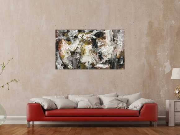 Gemälde Original abstrakt 75x130cm Action Painting Modern Art auf Leinwand Mischtechnik weiß schwarz anthrazit Einzelstück