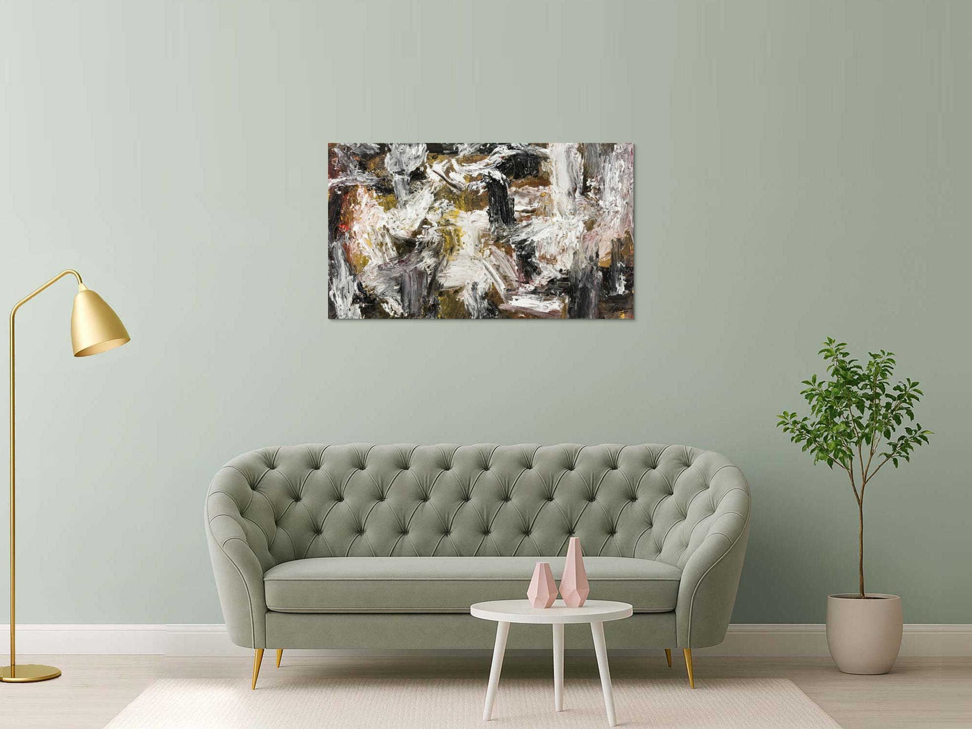 Gemälde Original abstrakt 75x130cm Action Painting Modern Art auf Leinwand Mischtechnik weiß schwarz anthrazit Einzelstück