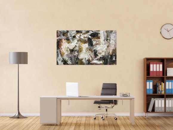 Gemälde Original abstrakt 75x130cm Action Painting Modern Art auf Leinwand Mischtechnik weiß schwarz anthrazit Einzelstück