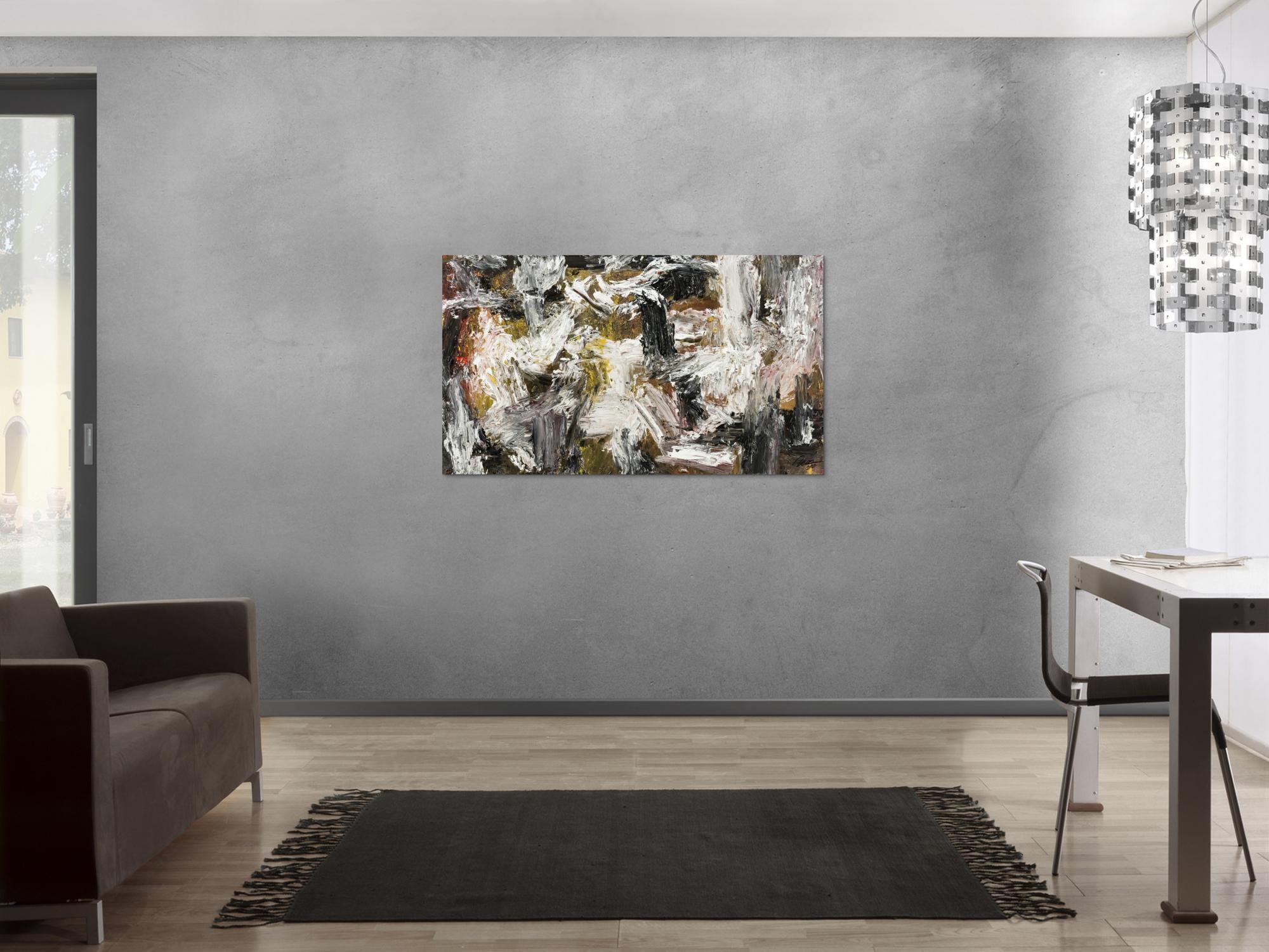 Gemälde Original abstrakt 75x130cm Action Painting Modern Art auf Leinwand Mischtechnik weiß schwarz anthrazit Einzelstück