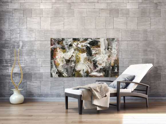 Gemälde Original abstrakt 75x130cm Action Painting Modern Art auf Leinwand Mischtechnik weiß schwarz anthrazit Einzelstück
