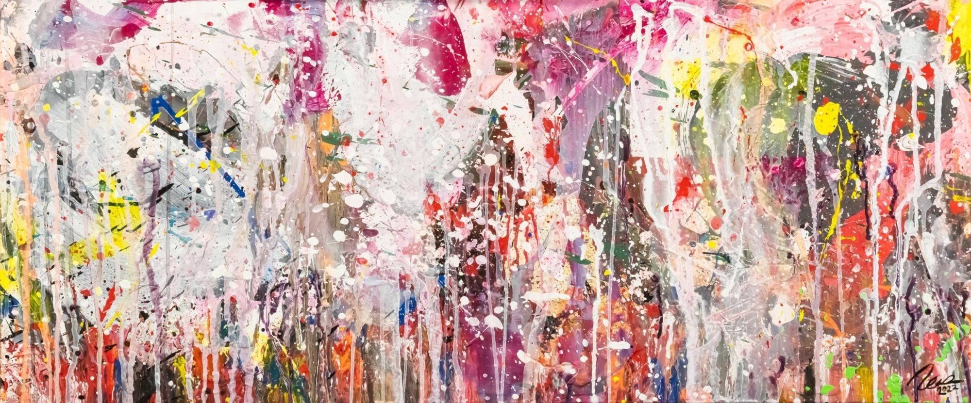 Abstraktes Original Gemälde 50x120cm Action Painting zeitgenössisch handgemalt Mischtechnik weiß rosa beige Einzelstück