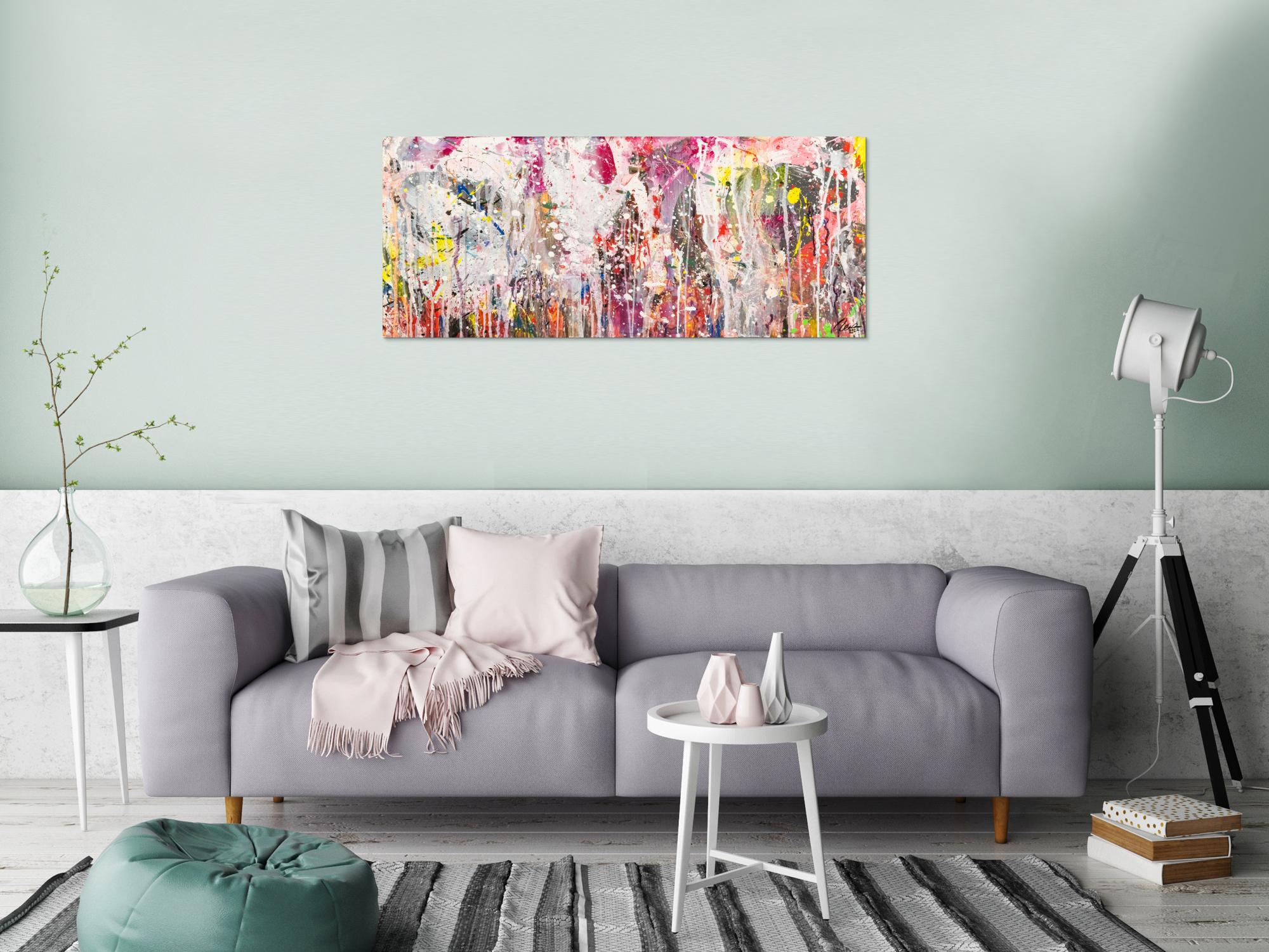 Abstraktes Original Gemälde 50x120cm Action Painting zeitgenössisch handgemalt Mischtechnik weiß rosa beige Einzelstück