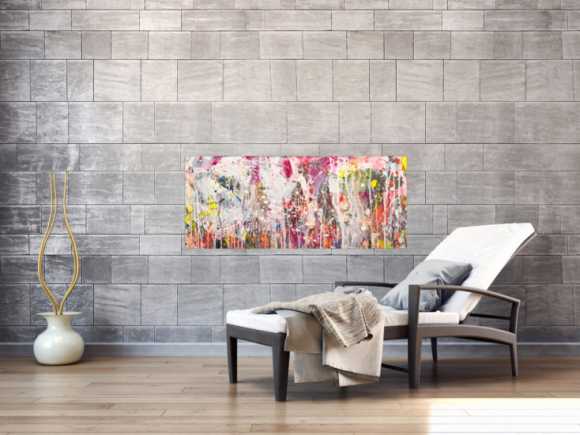 Abstraktes Original Gemälde 50x120cm Action Painting zeitgenössisch handgemalt Mischtechnik weiß rosa beige Einzelstück
