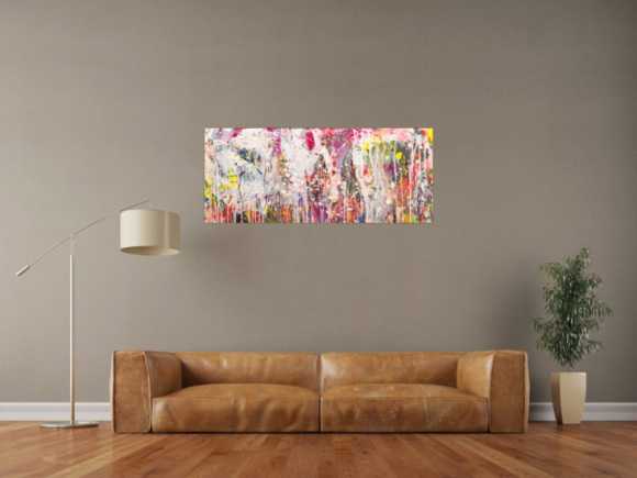 Abstraktes Original Gemälde 50x120cm Action Painting zeitgenössisch handgemalt Mischtechnik weiß rosa beige Einzelstück