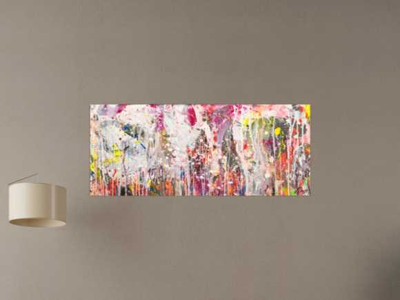 Abstraktes Original Gemälde 50x120cm Action Painting zeitgenössisch handgemalt Mischtechnik weiß rosa beige Einzelstück