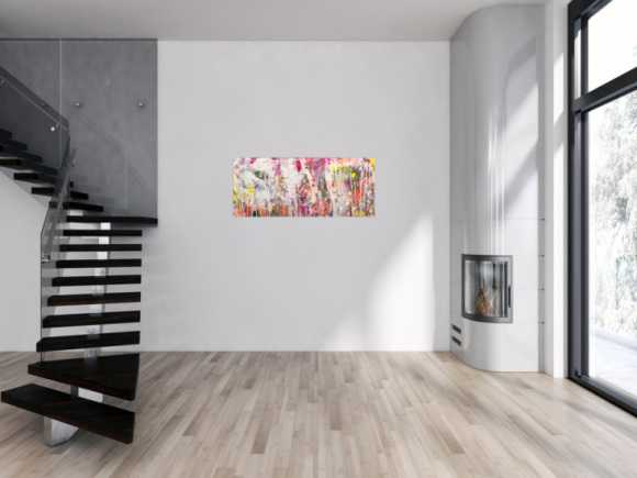 Abstraktes Original Gemälde 50x120cm Action Painting zeitgenössisch handgemalt Mischtechnik weiß rosa beige Einzelstück