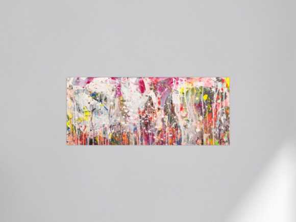 Abstraktes Original Gemälde 50x120cm Action Painting zeitgenössisch handgemalt Mischtechnik weiß rosa beige Einzelstück