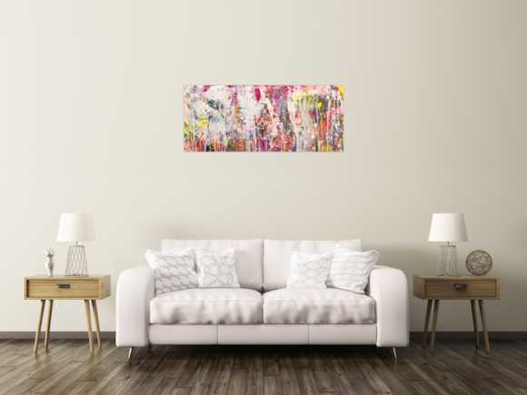Abstraktes Original Gemälde 50x120cm Action Painting zeitgenössisch handgemalt Mischtechnik weiß rosa beige Einzelstück