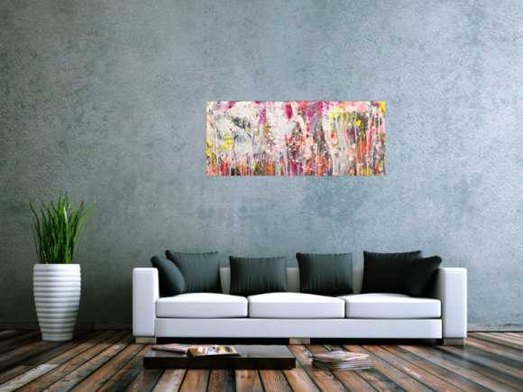 Abstraktes Original Gemälde 50x120cm Action Painting zeitgenössisch handgemalt Mischtechnik weiß rosa beige Einzelstück