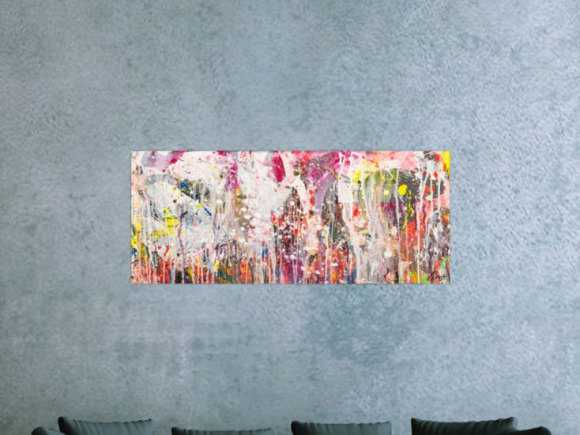 Abstraktes Original Gemälde 50x120cm Action Painting zeitgenössisch handgemalt Mischtechnik weiß rosa beige Einzelstück