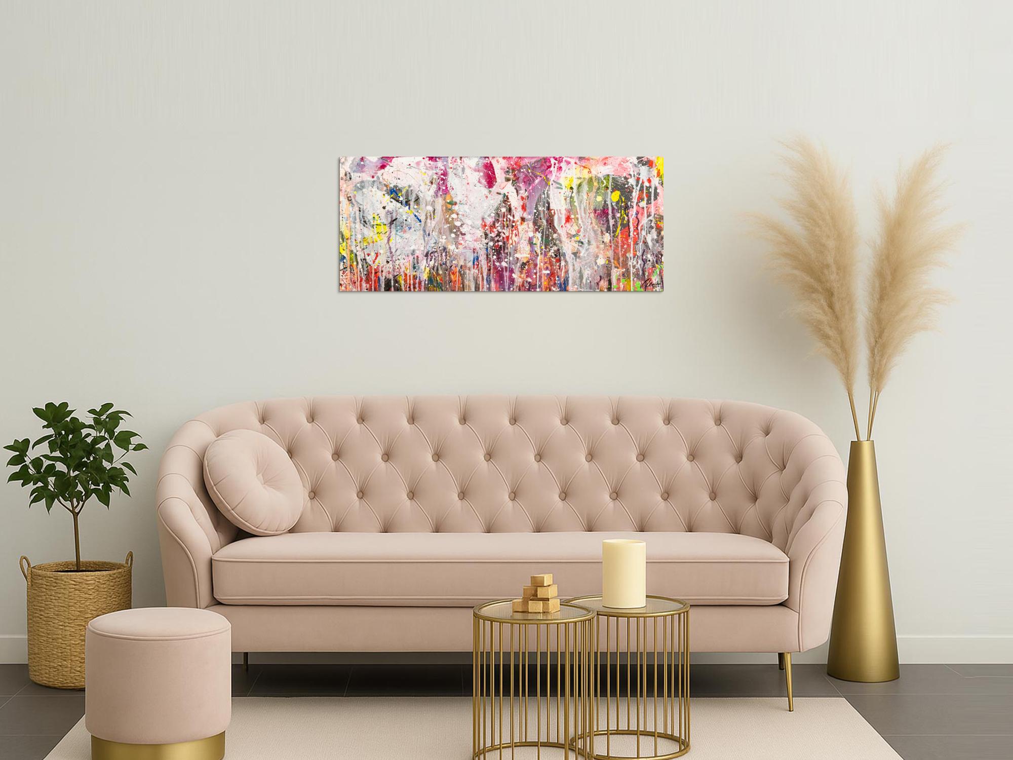 Abstraktes Original Gemälde 50x120cm Action Painting zeitgenössisch handgemalt Mischtechnik weiß rosa beige Einzelstück