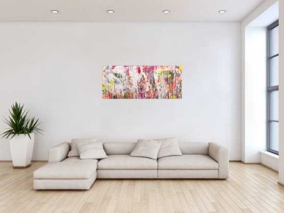Abstraktes Original Gemälde 50x120cm Action Painting zeitgenössisch handgemalt Mischtechnik weiß rosa beige Einzelstück