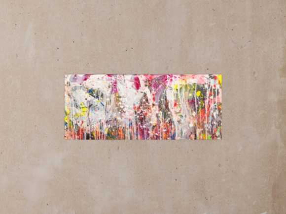 Abstraktes Original Gemälde 50x120cm Action Painting zeitgenössisch handgemalt Mischtechnik weiß rosa beige Einzelstück