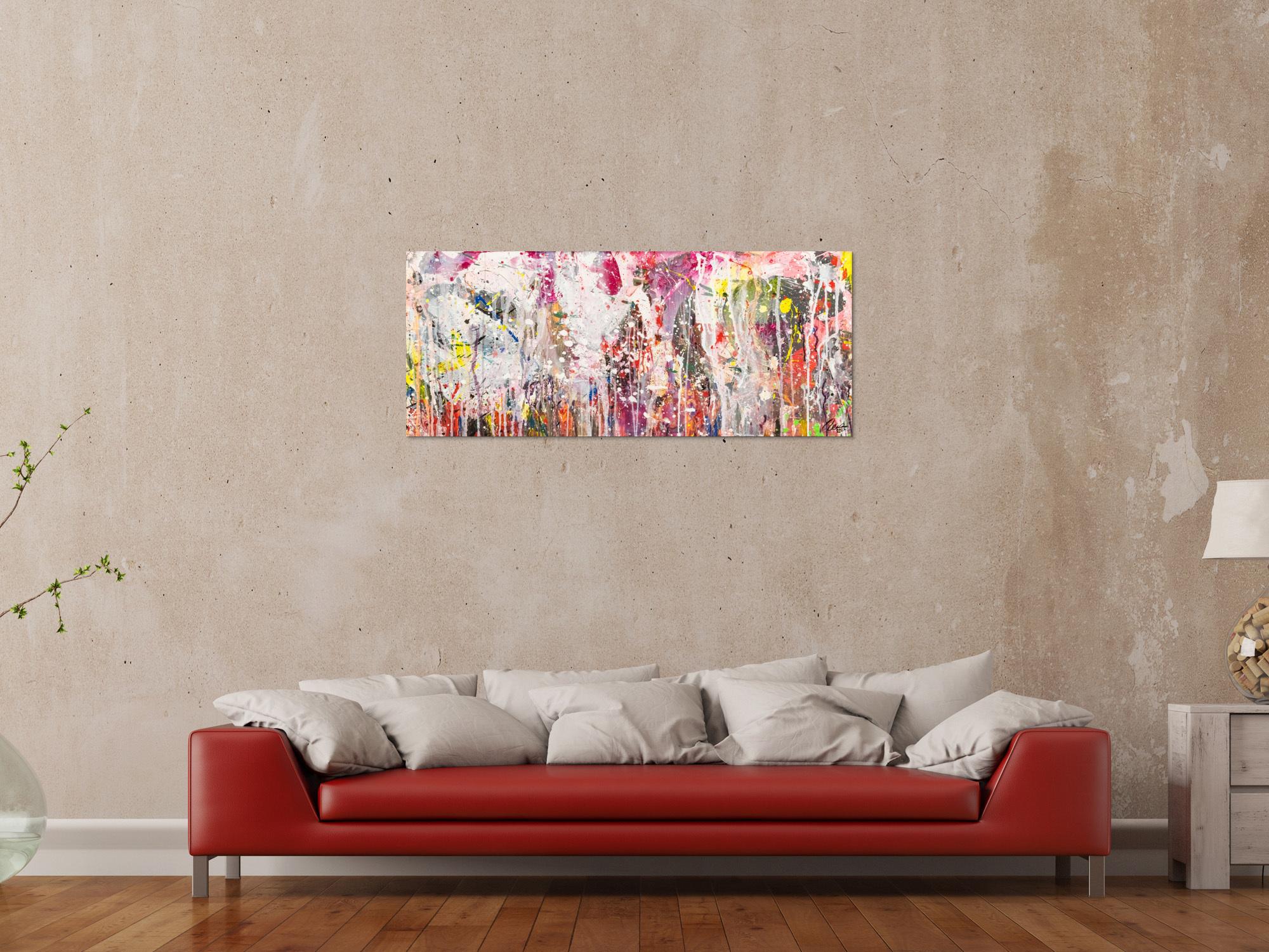 Abstraktes Original Gemälde 50x120cm Action Painting zeitgenössisch handgemalt Mischtechnik weiß rosa beige Einzelstück