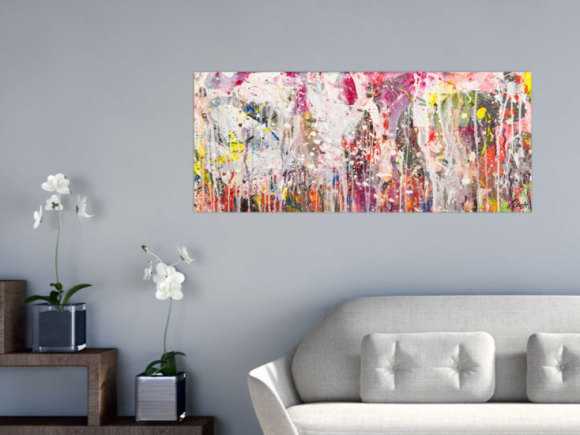 Abstraktes Original Gemälde 50x120cm Action Painting zeitgenössisch handgemalt Mischtechnik weiß rosa beige Einzelstück