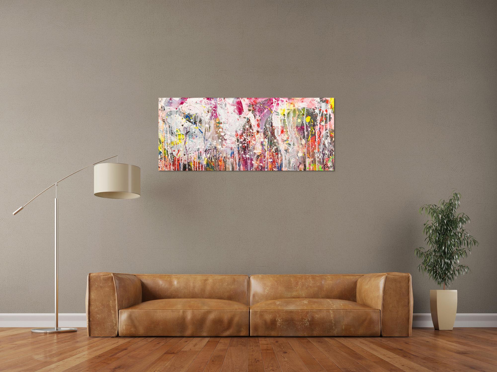 Abstraktes Original Gemälde 50x120cm Action Painting zeitgenössisch handgemalt Mischtechnik weiß rosa beige Einzelstück