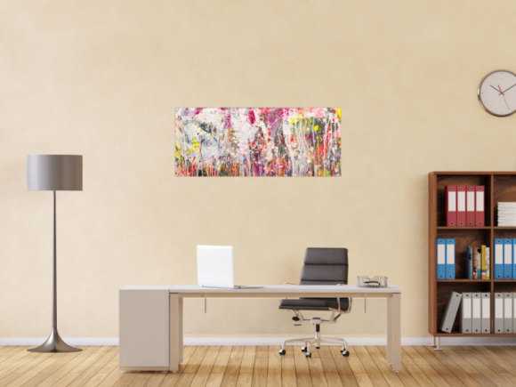 Abstraktes Original Gemälde 50x120cm Action Painting zeitgenössisch handgemalt Mischtechnik weiß rosa beige Einzelstück