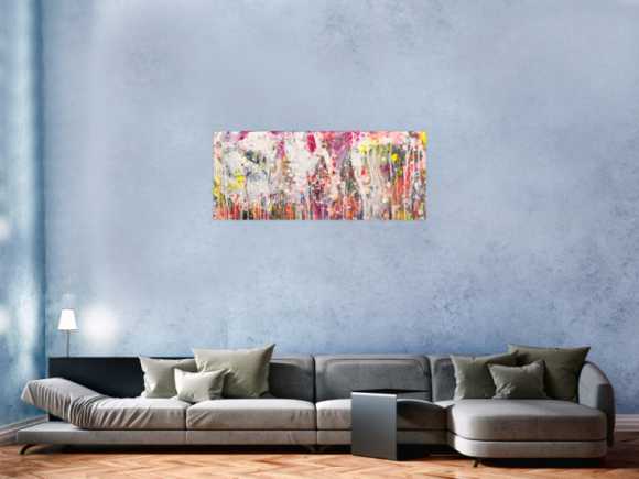 Abstraktes Original Gemälde 50x120cm Action Painting zeitgenössisch handgemalt Mischtechnik weiß rosa beige Einzelstück