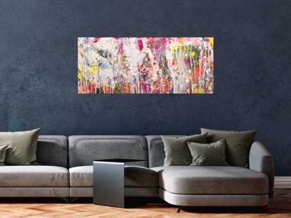 Abstraktes Original Gemälde 50x120cm Action Painting zeitgenössisch handgemalt Mischtechnik weiß rosa beige Einzelstück