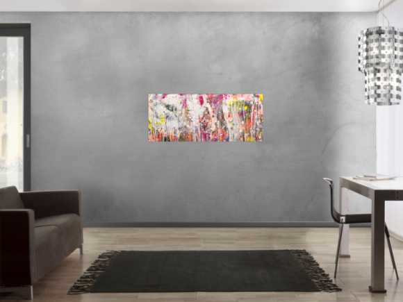 Abstraktes Original Gemälde 50x120cm Action Painting zeitgenössisch handgemalt Mischtechnik weiß rosa beige Einzelstück
