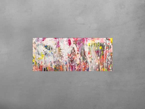 Abstraktes Original Gemälde 50x120cm Action Painting zeitgenössisch handgemalt Mischtechnik weiß rosa beige Einzelstück