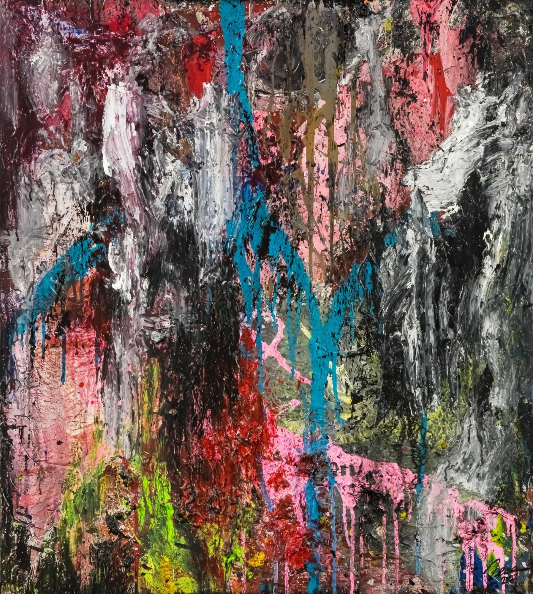 Original Gemälde abstrakt 100x90cm Action Painting Moderne Kunst handgefertigt Mischtechnik schwarz anthrazit rosa Einzelstück