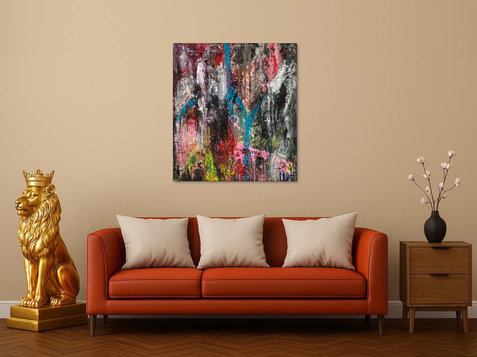 Original Gemälde abstrakt 100x90cm Action Painting Moderne Kunst handgefertigt Mischtechnik schwarz anthrazit rosa Einzelstück