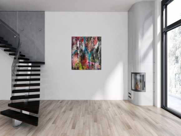Original Gemälde abstrakt 100x90cm Action Painting Moderne Kunst handgefertigt Mischtechnik schwarz anthrazit rosa Einzelstück