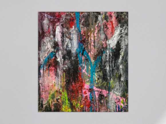 Original Gemälde abstrakt 100x90cm Action Painting Moderne Kunst handgefertigt Mischtechnik schwarz anthrazit rosa Einzelstück