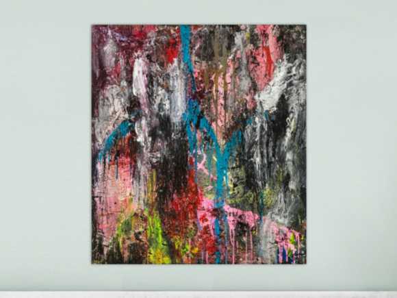 Original Gemälde abstrakt 100x90cm Action Painting Moderne Kunst handgefertigt Mischtechnik schwarz anthrazit rosa Einzelstück