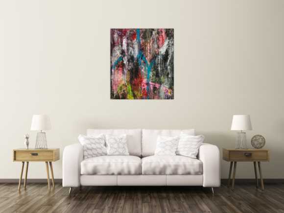 Original Gemälde abstrakt 100x90cm Action Painting Moderne Kunst handgefertigt Mischtechnik schwarz anthrazit rosa Einzelstück