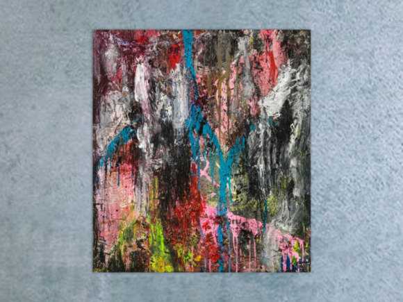 Original Gemälde abstrakt 100x90cm Action Painting Moderne Kunst handgefertigt Mischtechnik schwarz anthrazit rosa Einzelstück