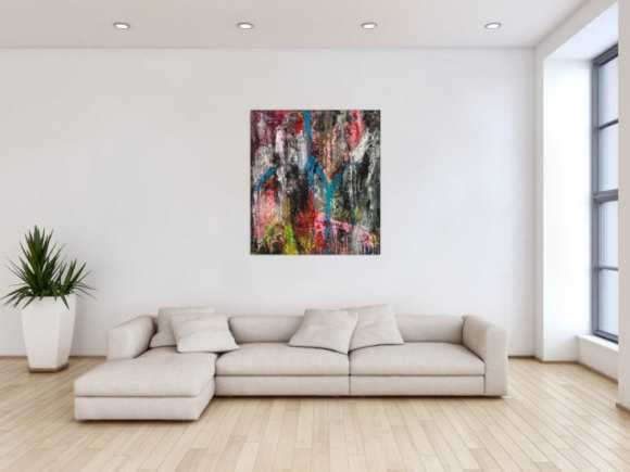 Original Gemälde abstrakt 100x90cm Action Painting Moderne Kunst handgefertigt Mischtechnik schwarz anthrazit rosa Einzelstück