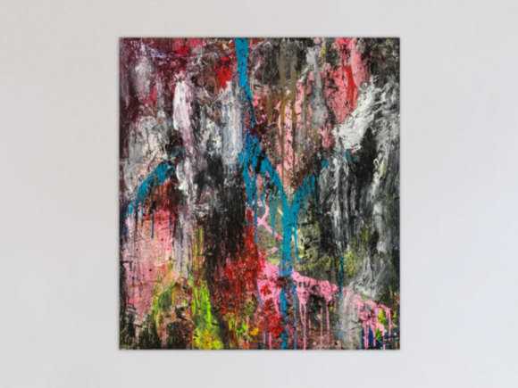 Original Gemälde abstrakt 100x90cm Action Painting Moderne Kunst handgefertigt Mischtechnik schwarz anthrazit rosa Einzelstück