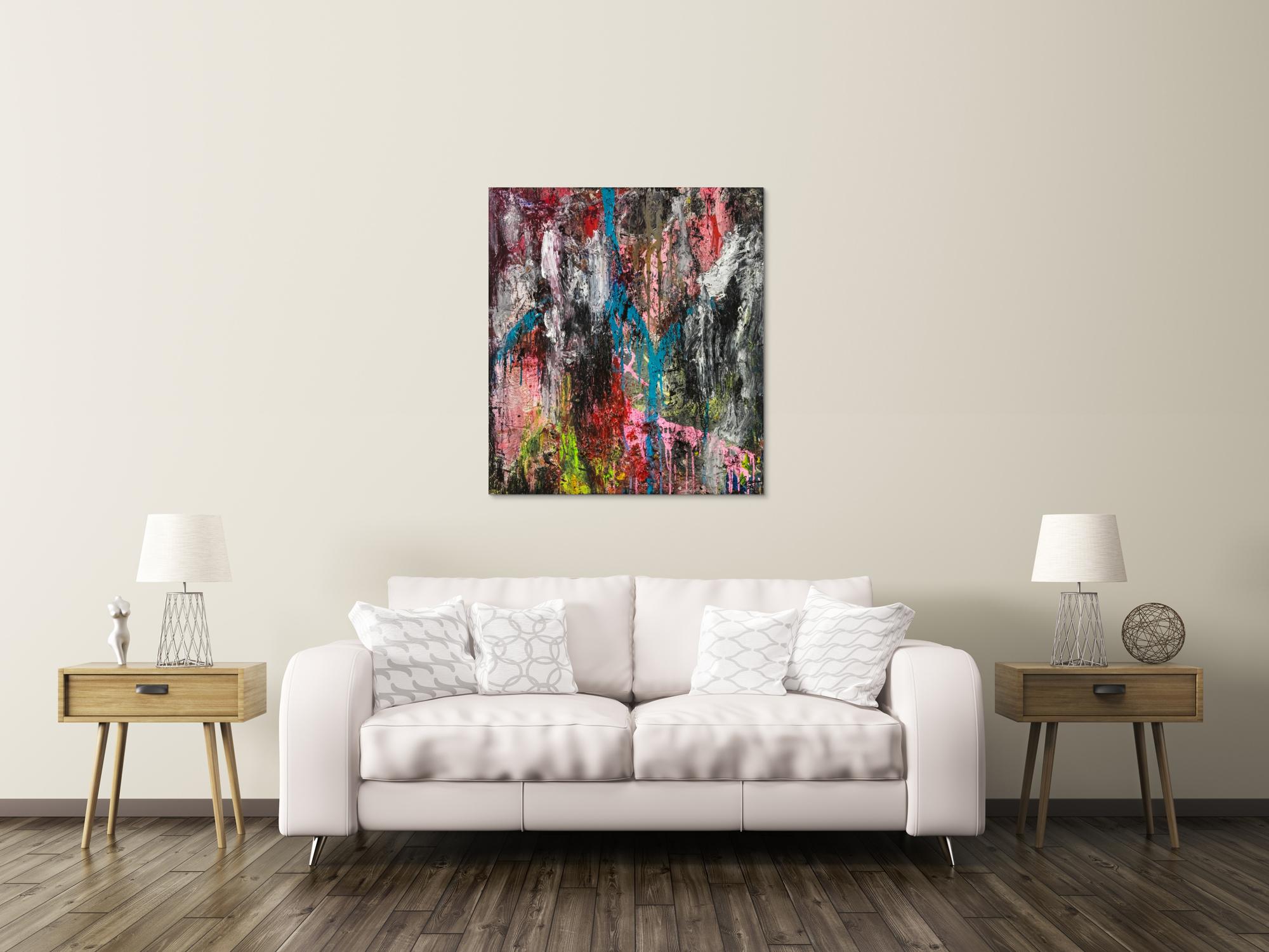 Original Gemälde abstrakt 100x90cm Action Painting Moderne Kunst handgefertigt Mischtechnik schwarz anthrazit rosa Einzelstück