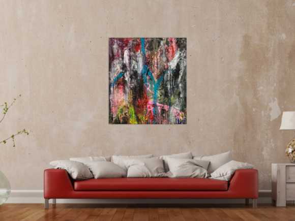 Original Gemälde abstrakt 100x90cm Action Painting Moderne Kunst handgefertigt Mischtechnik schwarz anthrazit rosa Einzelstück
