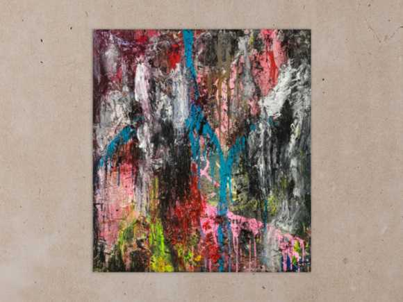 Original Gemälde abstrakt 100x90cm Action Painting Moderne Kunst handgefertigt Mischtechnik schwarz anthrazit rosa Einzelstück