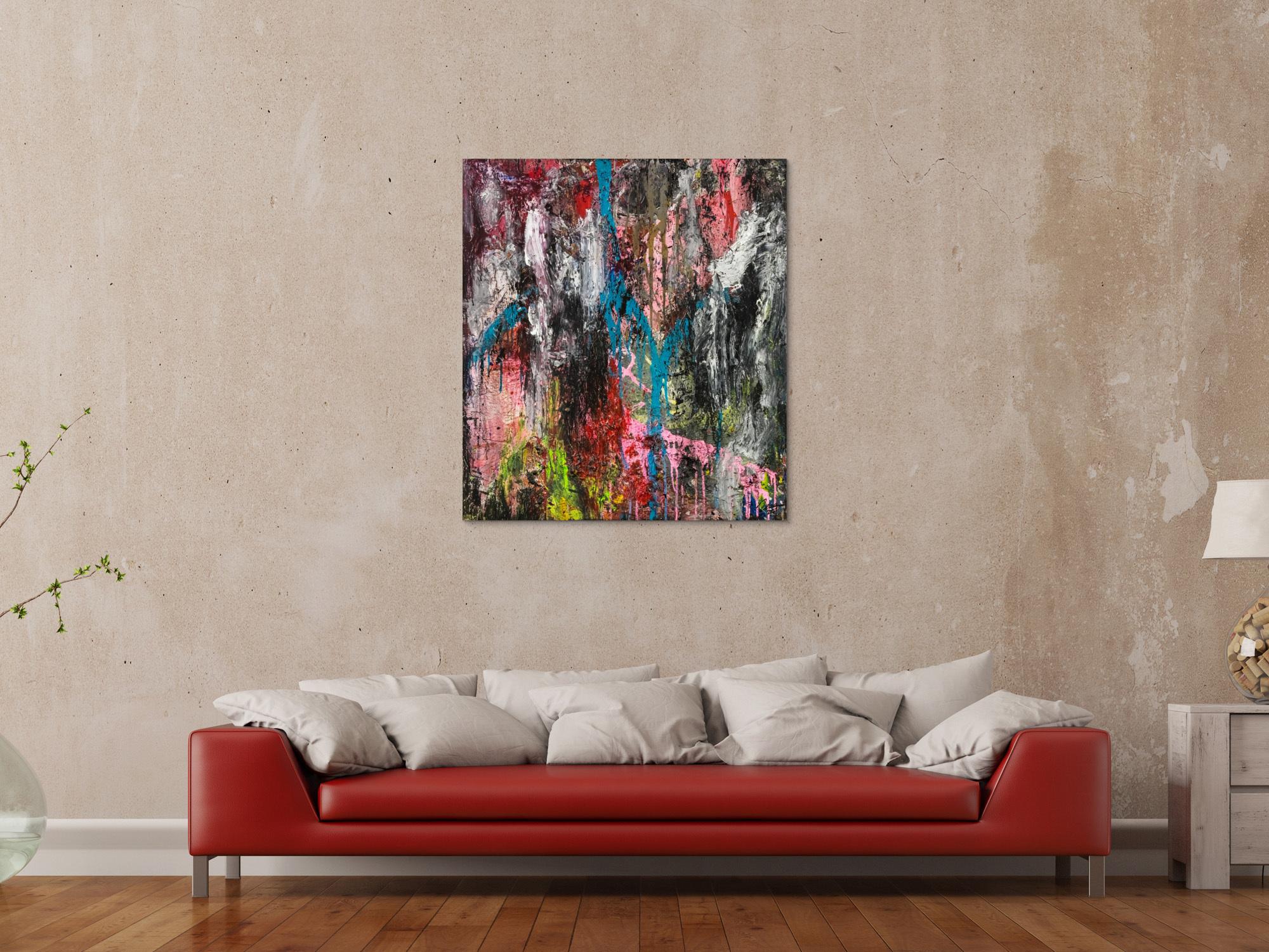 Original Gemälde abstrakt 100x90cm Action Painting Moderne Kunst handgefertigt Mischtechnik schwarz anthrazit rosa Einzelstück