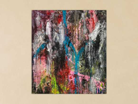 Original Gemälde abstrakt 100x90cm Action Painting Moderne Kunst handgefertigt Mischtechnik schwarz anthrazit rosa Einzelstück