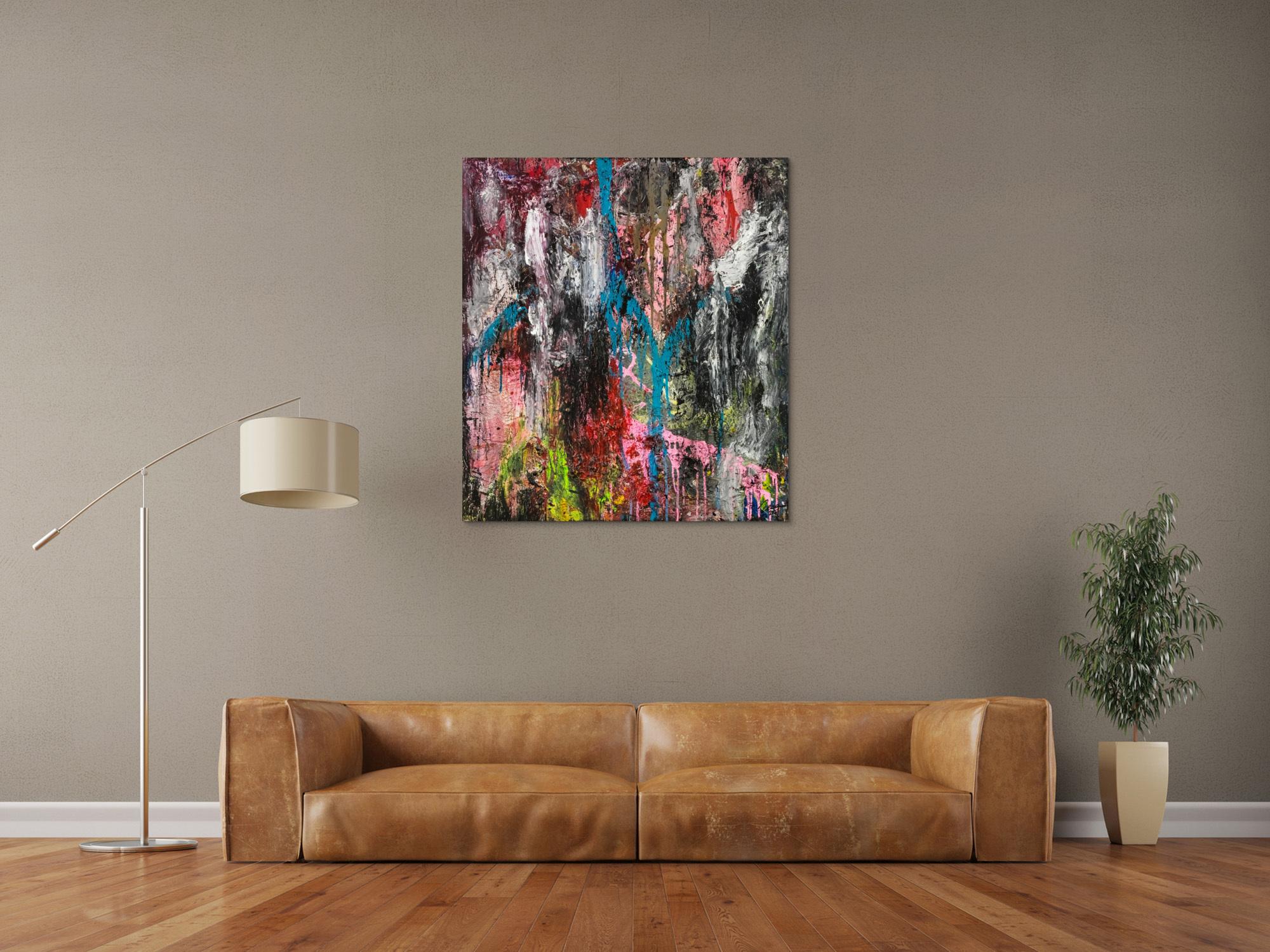 Original Gemälde abstrakt 100x90cm Action Painting Moderne Kunst handgefertigt Mischtechnik schwarz anthrazit rosa Einzelstück