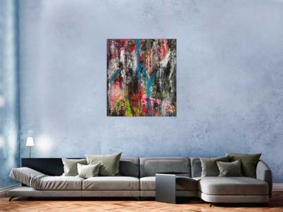 Original Gemälde abstrakt 100x90cm Action Painting Moderne Kunst handgefertigt Mischtechnik schwarz anthrazit rosa Einzelstück